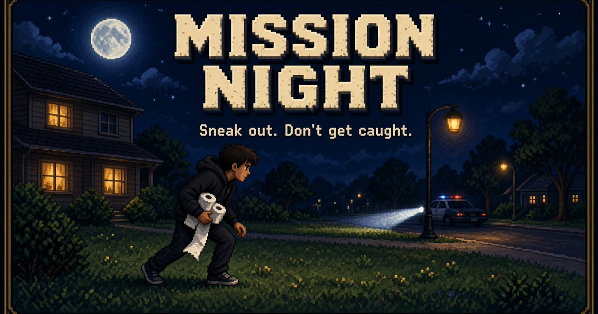 Mission Night: a kid in a hoodie sneaks a suburban lawn at night with toilet-paper rolls, a lit house behind him and a police cruiser down the street.